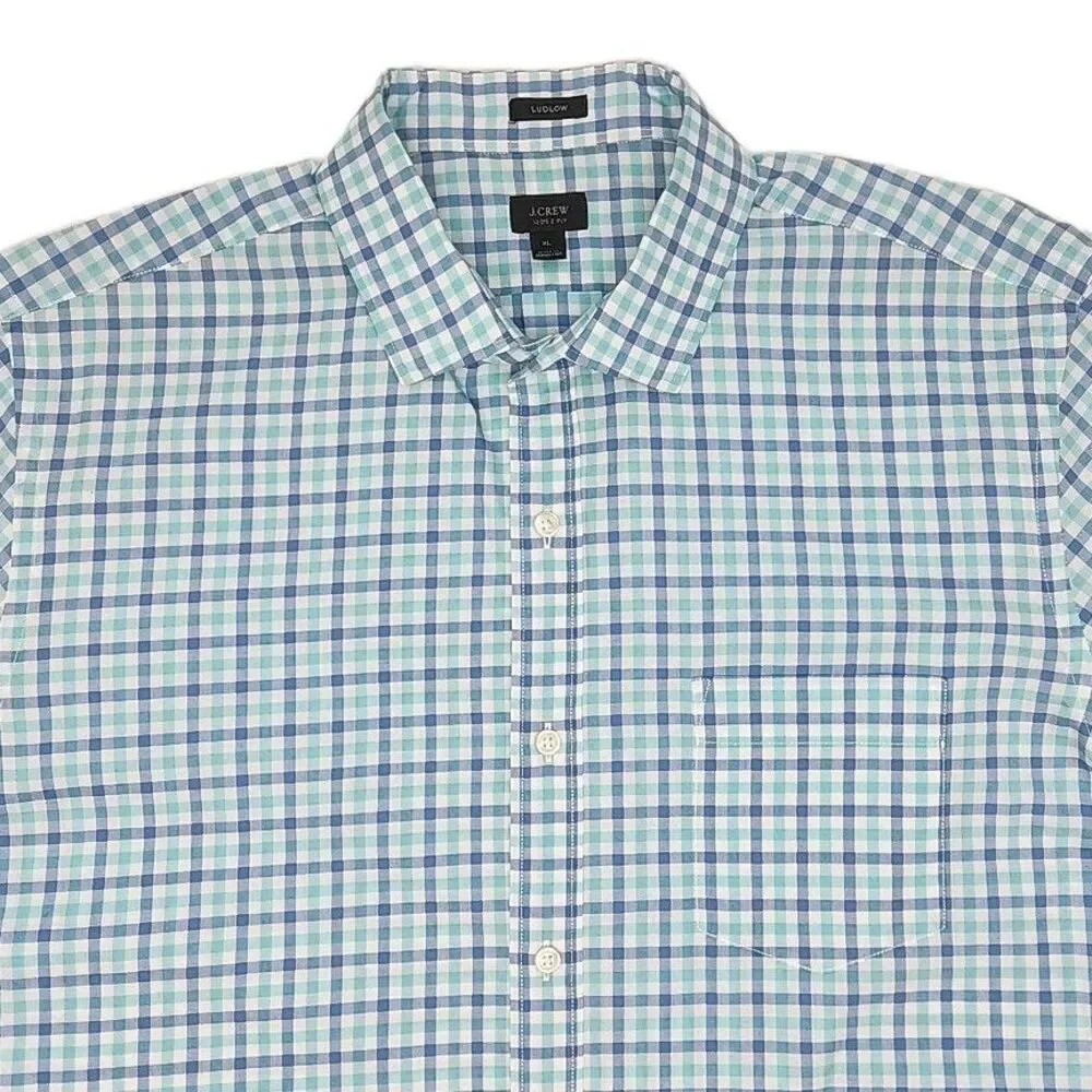 J Crew Shirt 120s 2-Ply Blue White Check Plaid Men Sz XL Button Long Slv Cotton